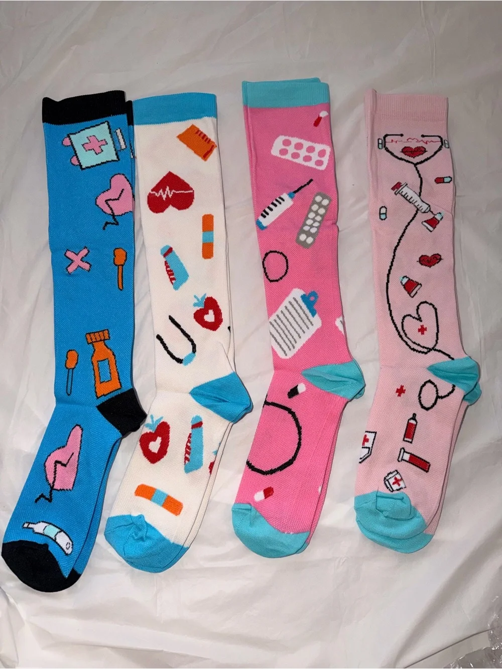 Novelty Medical Pattern Knee-High Socks - Pink, Blue, White.